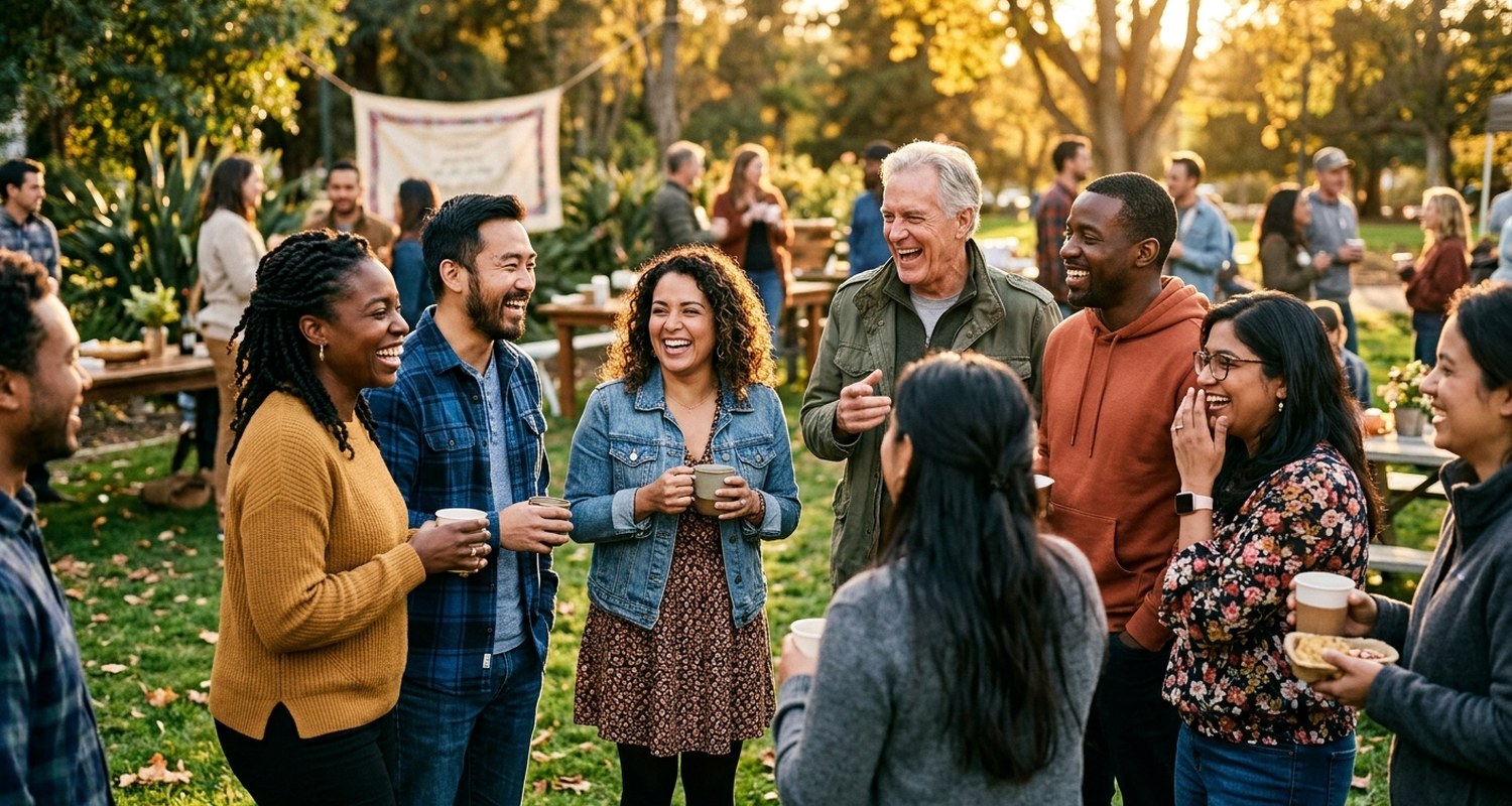 Diverse group of adults connecting outdoors